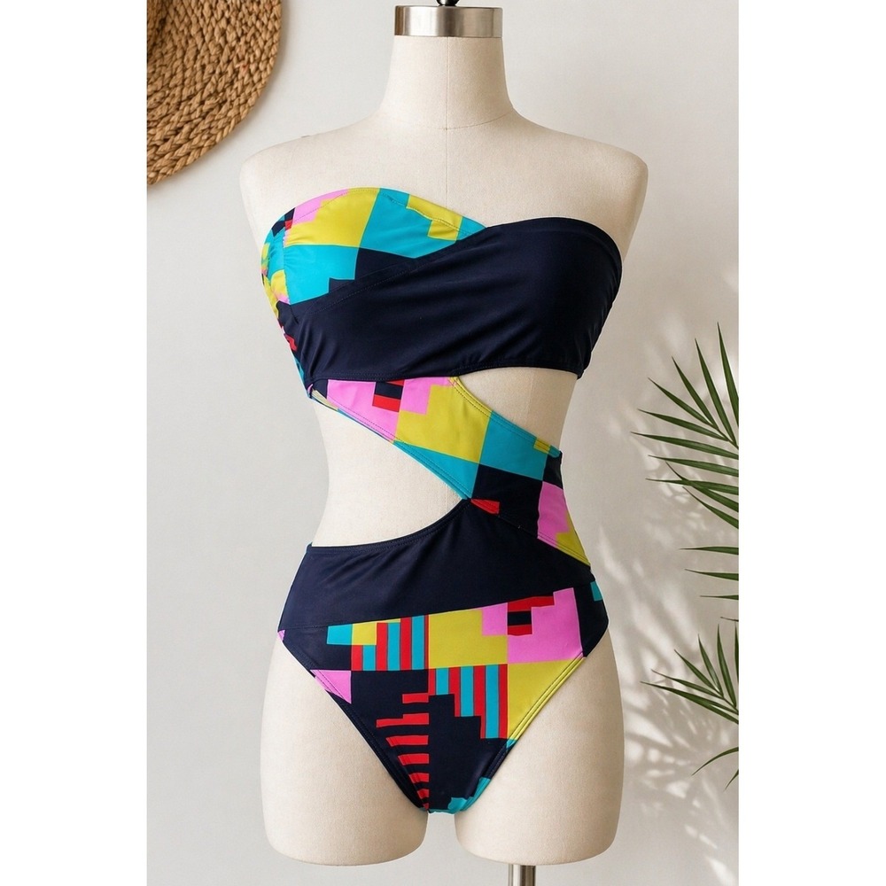 Volcom Monokini One Piece Cutout‎ Swimsuit Geometric Colorblock Retro 80's XS S